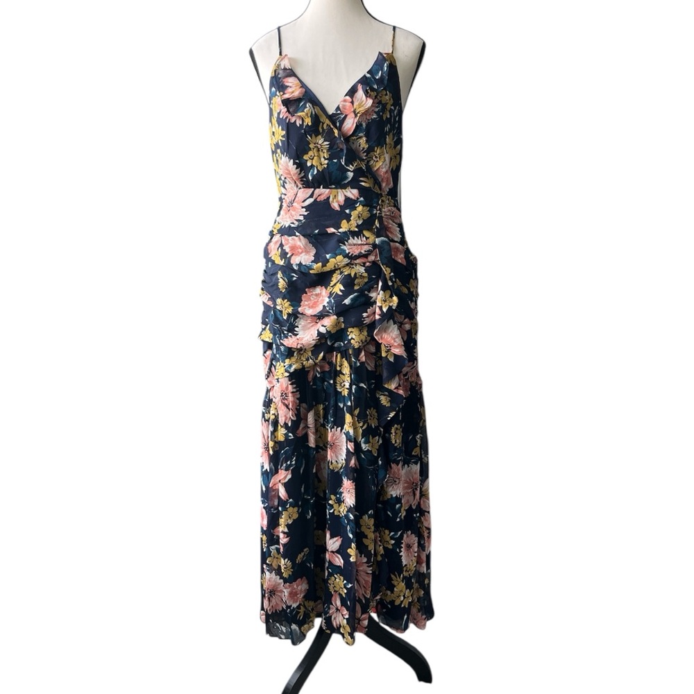 Lulus Stunning Soiree Navy Blue Floral Print Ruched Midi Dress 💚